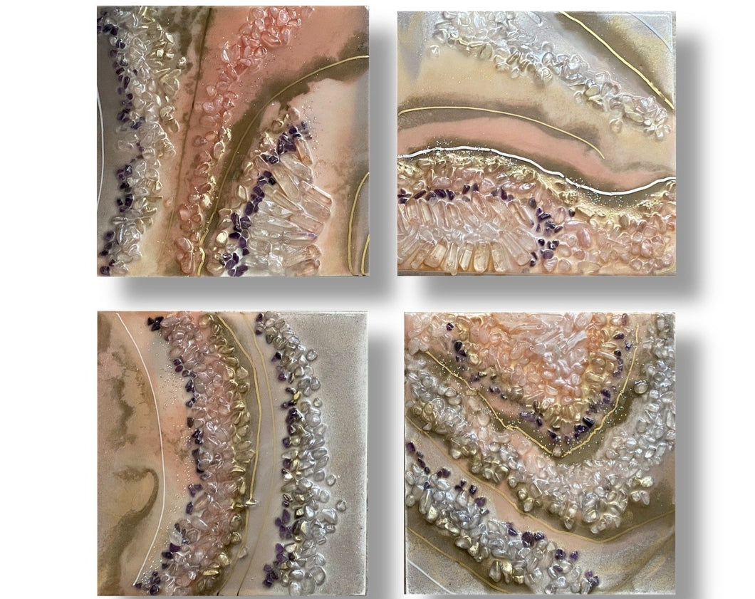 Serenity Now- Four Panel Light Pink Geode Resin Art - Alinato Art